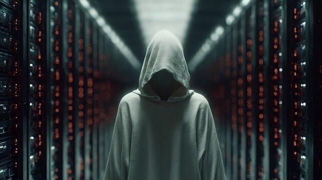 Hooded figure stands ominously in a server room, representing the threat of cyberattacks and data breaches, highlighting the importance of cybersecurity in the digital age