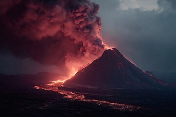 Fagradalsfjall volcano erupting at dusk, releasing a massive cloud of smoke while molten lava flows down the solidified slopes, creating a dramatic and fiery landscape