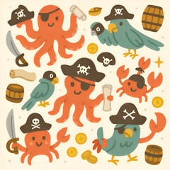 A charming illustrated collection of cute pirate animals including octopuses crabs and parrots with hats and swords.