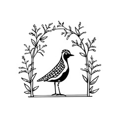 Vector card with hand drawn cute shorebird in graceful floral arch. Beautiful animal design elements, ink drawing, logo template