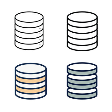 Database Stack Vector Icon Set with Black and Colored Variations for Data Storage and Management