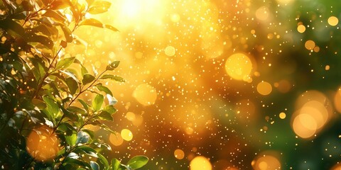 Bright sunlight filters through lush greenery creating a magical bokeh effect from golden particles in an outdoor setting