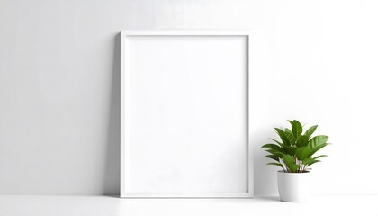 Clean modern mockup with white frame and green plant, perfect for minimalist design presentations