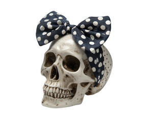Skull bow polka dot bone decoration spooky Halloween party white black isolated cheerful playful head human accessory fashion festive celebration creepy macabre grinning teeth jaw eye socket
