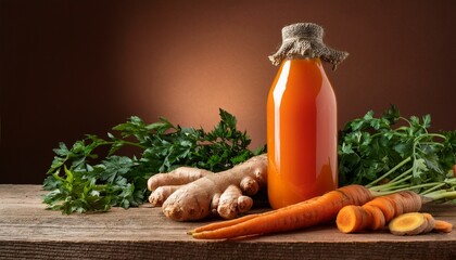 freshly made carrot and ginger juice in a bottle an immunity boosting shot for health and wellness still life composition with raw ingredients on an earthy brown background