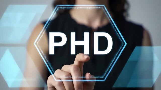 Woman selects PhD online, blurred background
