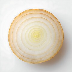 Single round onion slice with visible rings placed neatly on clean white background. Perfect for cooking visuals, vegetable designs, and food ingredients art.