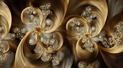 Intricate abstract golden swirls with pearlescent spheres and textured patterns