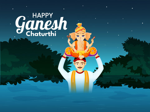 Happy Ganesha Chaturthi banner, poster and background design for ganesha visarjan vector illustration.