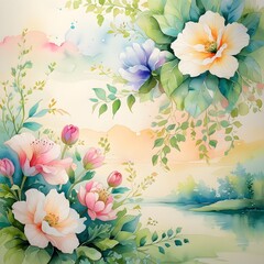 watercolor background with flowers and butterflies