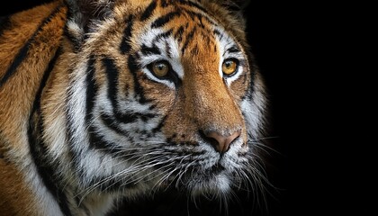 Obraz premium a tigers face is shown up close contrasted against a dark black background