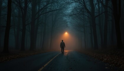 Fototapeta premium Lone man walks misty road with bright warm light at the end of dark forest. Mysterious atmospheric scene, spooky mood. Night, fog, silhouette, mystery, fantasy, horror concept.