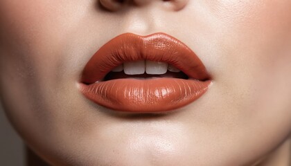 Fototapeta premium Close-up of hydrated lips with terracotta matte lipstick. Beauty product ad shows smooth skin, perfect lip care, fashion style. Trendy female makeup. Healthy skin, lip volume, full lips look.