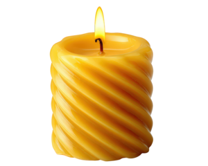 Twisted spiral candle yellow wax burning flame modern decor object isolated on transparency background, cozy and warm atmosphere for home or event