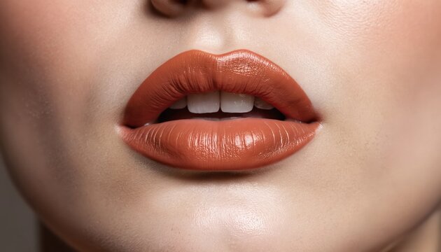 Close-up of hydrated lips with terracotta matte lipstick. Beauty product ad shows smooth skin, perfect lip care, fashion style. Trendy female makeup. Healthy skin, lip volume, full lips look. - Powered by Adobe