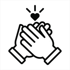 Fototapeta premium Black outline of clapping hands with heart and rays above applause love