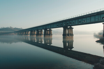 Obraz premium Minimalist scene of an empty train bridge spanning a calm river.