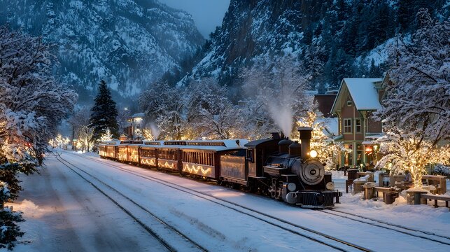 A festive holiday steam train adorned with warm lights travels through a snowy mountain village at dusk.