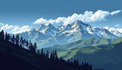 Serene mountain landscape with snow-capped peaks reaching blue sky. Rich green forest in foreground with tall trees. Flat visual illustration with green and blue colors creating tranquil atmosphere.