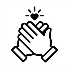 Black outline of hands clapping with a heart and radiating lines above clapping hands icon hands icon