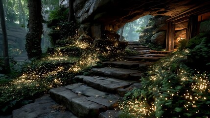 Dreamy woodland path with glowing moss high resolution photo