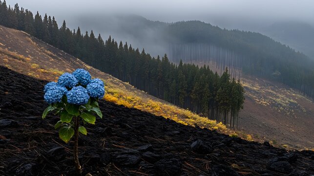 Stunning Blue Hydrangea Blooms Amidst Volcanic Landscape and Misty Forest