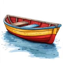 Vibrant wooden boat floating on calm water during sunset in a serene coastal setting