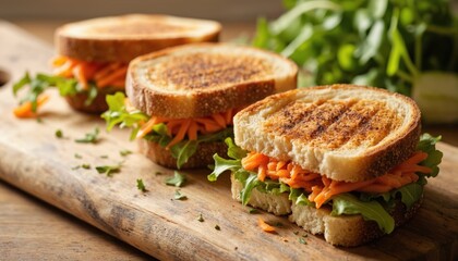 Vegetarian sandwiches on wooden board with fresh arugula, carrot jelly. Healthy lunch, snack at home. Perfect for food blog, cafe menu, eco-friendly recipe concept.