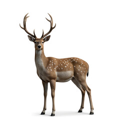 Obraz premium Realistic 3D illustration of dappled deer with large antlers standing on white background. Elegant stag features detailed, life-like render, perfect for graphic design elements nature-themed
