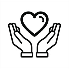 Fototapeta premium Black outline of two cupped hands holding a heart symbol on white background care love