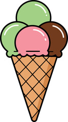 Colorful ice cream cone with three scoops