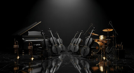 A dramatic arrangement of a grand piano, multiple cellos, and a drum kit on a dark, reflective stage.