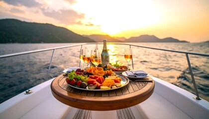 Obraz premium Romantic Sunset Yacht Cruise with Fruit Platter and Wine