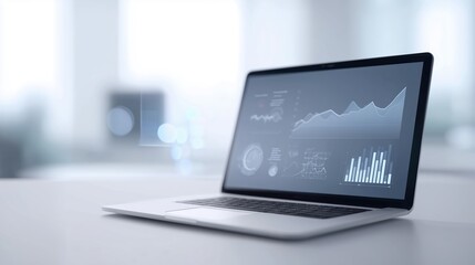 Laptop displaying data analytics and graphs on screen, placed on a modern workspace table, with blurred office background creating a professional atmosphere for business insights