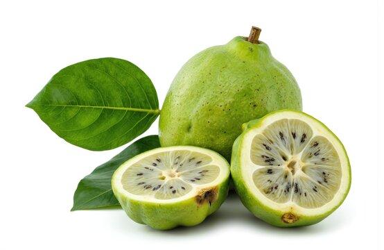 Fresh monk fruit with leaves isolated on white background. Whole fruit and two halves display juicy texture, seeds, green skin. Healthy, diet food concept. Exotic fruit similar to lime. - Powered by Adobe