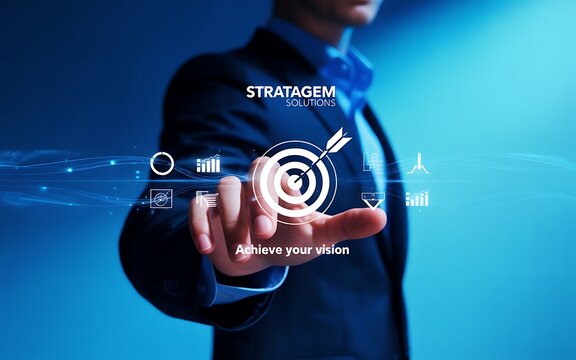 Business professional touching digital target with success icons image - Powered by Adobe