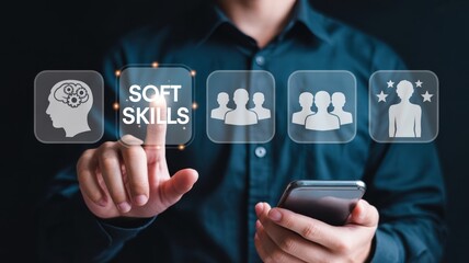 Person interacting with soft skills icons on a digital interface