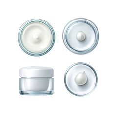 Four views of a white cosmetic cream container, showing product inside.  Top-down perspective of  cream jars,  with  cream,  and a clear lid/jar