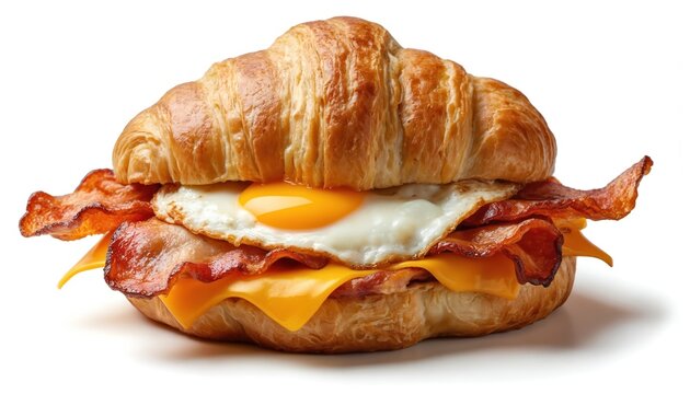 Breakfast sandwich with egg bacon cheese on croissant isolated on white background. Tasty morning meal, quick brunch snack. Perfect combo filling protein, savory flavour.
