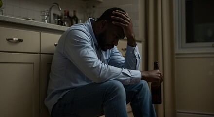 Depressed African American Man Sitting on the Floor with a Beer Bottle, Contemplating in a Darkened Room, Alcoholism, Emotional Distress Concept