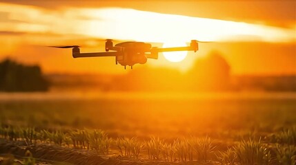 A drone hovering over rows of crops in an agricultural field during golden sunset light.