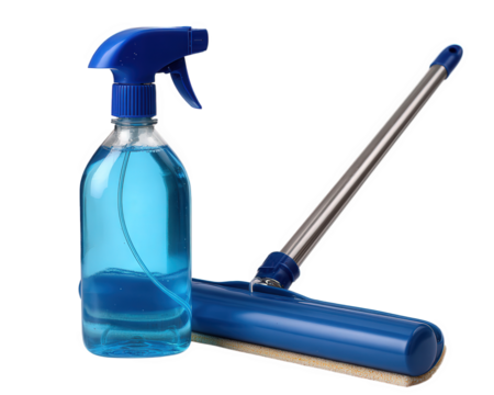 Spray bottle cleaning spray window squeegee blue liquid cleaning tool plastic bottle household hygiene isolated equipment used for sparkling clean surfaces