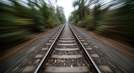 High-Speed Train Journey Through Lush Forest Motion Blur Railroad Track Photography