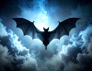 Dark bat in stormy night sky