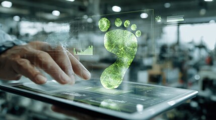 Medium shot featuring a production leader reviewing sustainability metrics on a transparent screen with a faint blurred carbon footprint overlay symbolizing eco impact.