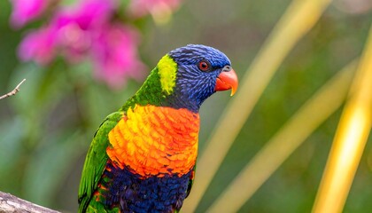 Naklejka premium Close-up of a colorful parrot perched on a branch. Vivid plumage of greens, blues, and oranges against a blurred floral background
