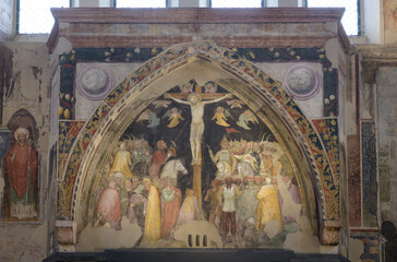 Fresco of the Crucifixion by Turone di Maxio in San Fermo Maggiore, Verona, Italy, painted in 1363 after restoration in 1964.