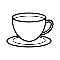 Simple black outline coffee cup and saucer isolated on white background