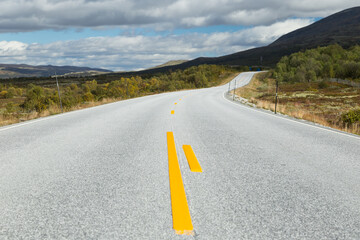 Straight road through the Dovrefjell nationalpark in Norway