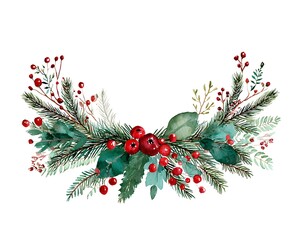 Watercolor christmas garland with red berries and evergreen branches